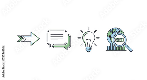 Conceptual graphic illustrating the process of search engine optimization (SEO) with icons representing progression, communication, ideas, and global data analysis, suitable for business and