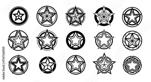 Collection of fifteen stylized star emblems, each enclosed within a circular border, rendered in a white distressed outline effect against a stark black background, offering a versatile graphic