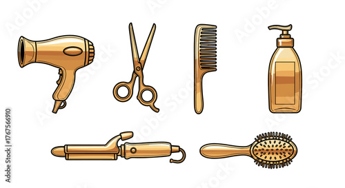 Golden collection of professional hairdressing tools and accessories, including a hairdryer, scissors, comb, curling iron, hairbrush, and shampoo bottle, isolated on a black background, symbolizing