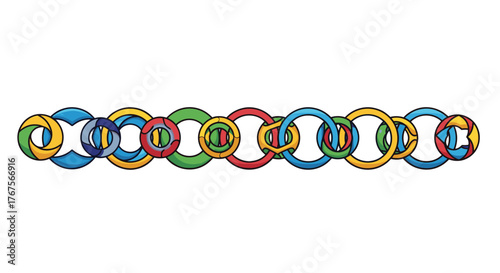 A vibrant and colorful chain of interlocking rings, symbolizing connection, unity, and strength, presented against a stark black background for maximum visual impact and versatility in design