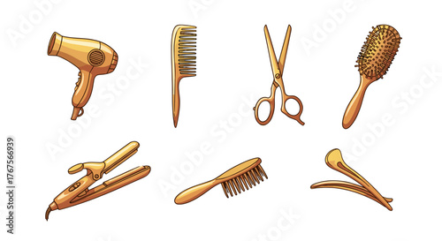 A collection of golden hair styling tools, including a hairdryer, comb, scissors, hairbrush, curling iron, and hair clip, all isolated on a black background, perfect for beauty salon or hairstylist