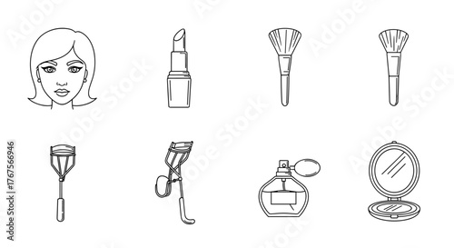 A collection of eight white line art icons representing essential beauty and makeup products, including a woman's face, lipstick, makeup brushes, eyelash curlers, perfume bottle, and compact mirror