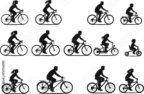 Silhouette of people riding bicycles in various poses, including children and adults, showcasing cycling diversity, motion, and outdoor activity lifestyle