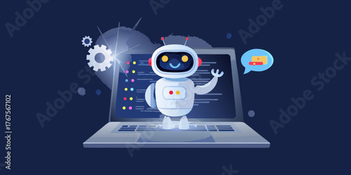 Friendly cartoon robot waving hello from a laptop screen displaying code and a chat bubble with money