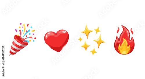 A vibrant collection of popular emoji icons, including a party popper exploding with colorful confetti, a glossy red heart, sparkling yellow stars, and a fiery red and orange flame, all set against a
