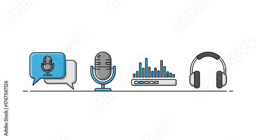 A collection of modern, flat design icons representing audio and communication elements, including a microphone with speech bubbles, a professional studio microphone on a stand, an audio equalizer