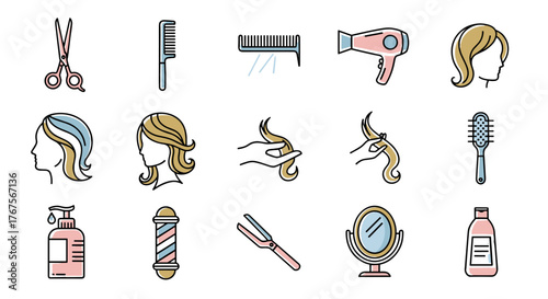 A collection of flat design icons representing hair salon services and tools, including scissors, combs, hair dryers, hair strands, hairbrushes, shampoo bottles, barber poles, straighteners, and