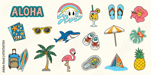 Collection of fun and colorful cartoon summer vacation and travel icons and elements