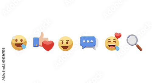 A vibrant collection of social media reaction icons, including a sweating face with tongue out, a thumbs-up with a heart, a standard smiley face, a chat bubble, a drooling face with a heart, and a