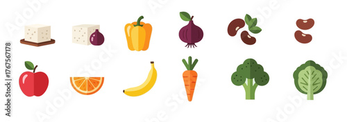 Assorted fruits, vegetables, and tofu arranged in a row on a white background.