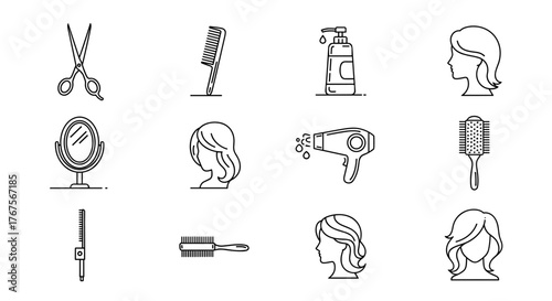 Collection of white line art icons representing hair salon and beauty salon tools and services, including scissors, combs, hair dryer, mirror, shampoo bottle, and various hairstyles, presented on a