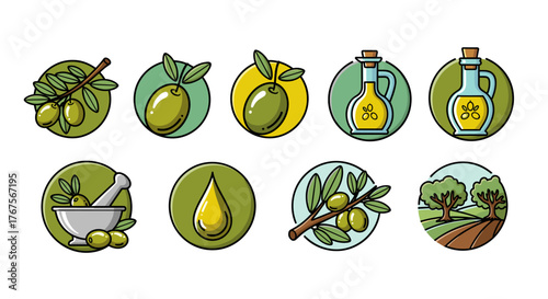 Collection of stylized flat icons representing olives and olive oil production, including olive branches, individual olives, bottles of oil, a mortar and pestle, a drop of oil, and an olive grove
