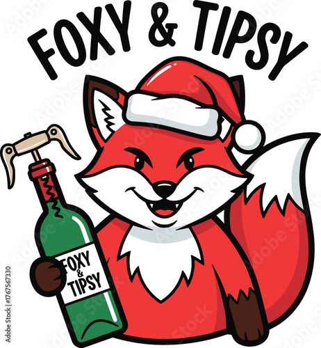 Cartoon fox wearing a Santa hat holding a bottle of wine and a corkscrew with text Foxy & Tipsy christmas