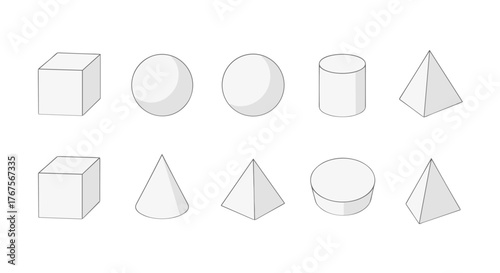 Collection of basic geometric 3D shapes including cubes, spheres, cylinders, cones, and pyramids, presented in a clean, minimalist style against a black background, perfect for educational or design
