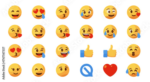 Collection of 3D rendered emojis expressing various emotions like joy, love, sadness, and approval, alongside a red heart symbol and a thumbs-up icon, set against a stark black background, perfect