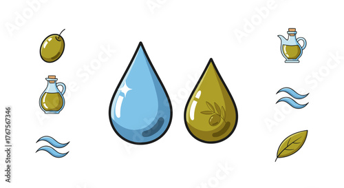 Vivid illustration comparing water and olive oil drops, surrounded by elements like olives, olive oil bottles, wavy lines, and a leaf, symbolizing purity, natural ingredients, and the contrast