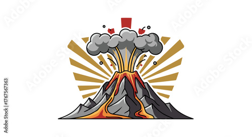 Exploding volcano with lava flowing down its slopes, spewing ash and smoke into the air, set against a backdrop of radiating golden sun rays on a black background, symbolizing natural disaster and
