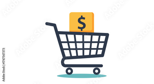 Stylized flat design illustration of a shopping cart filled with a golden block featuring a dollar sign, symbolizing commerce, finance, and online shopping, set against a dark background with a