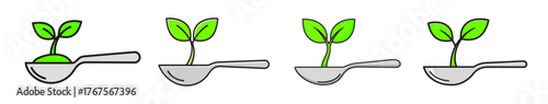 Four cartoon illustrations of small green sprouts with two leaves growing in spoons, symbolizing growth and nature.