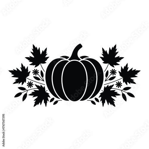 Black silhouette of a pumpkin with autumn leaves decoration