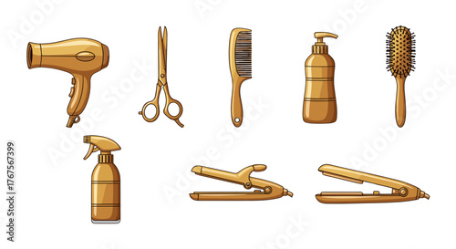 Golden Hairdressing Tools Collection: A comprehensive set of professional salon equipment including a hairdryer, scissors, comb, spray bottle, shampoo dispenser, hairbrush, curling iron, and flat