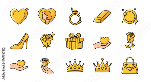Golden Icons Representing Luxury, Wealth, and Elegance: A Collection of Symbols Including Hearts, Roses, Crowns, High Heels, Gift Boxes, Gold Bars, Rings, and Handbags, Perfect for Fashion and