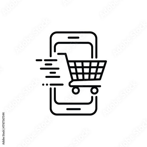 Mobile shopping cart icon on a smartphone screen with motion lines