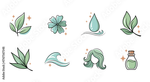 A collection of eight minimalist, hand-drawn icons representing natural elements and beauty treatments, featuring delicate leaves, a blooming flower, a water droplet on waves, flowing hair, and a