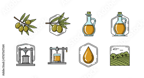 Set of flat design icons representing the olive oil production process, from harvesting olives on the branch to pressing, extracting oil, and the final product in a bottle, set against a black