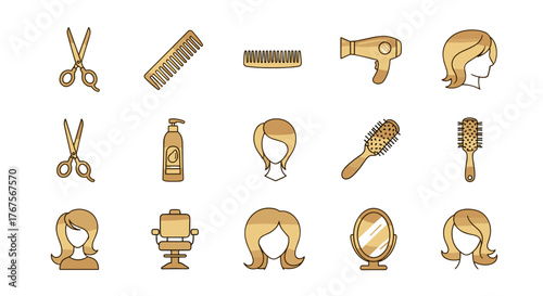Golden icons set for a hair salon or beauty parlor, featuring essential tools like scissors, combs, hair dryers, brushes, shampoo bottles, mirrors, and stylized female hairstyles, all rendered in a