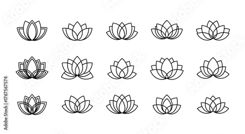 Collection of stylized lotus flower icons with a delicate, textured outline, presented on a stark black background, symbolizing purity, enlightenment, and rebirth, perfect for wellness, spa, and yoga