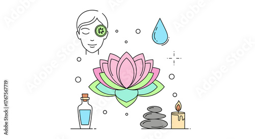 A serene and tranquil spa scene illustration featuring a vibrant lotus flower, a face with a cucumber eye mask, a droplet of water, a bottle of essential oil, stacked massage stones, and a lit