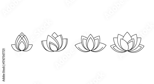 Set of four minimalist line art lotus flower icons, representing growth and stages of blooming, presented in a clean, modern aesthetic suitable for wellness, spa, yoga, and meditation branding, with