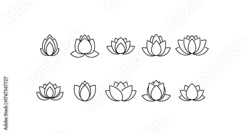 A collection of ten minimalist line art illustrations of lotus flowers, showcasing various stages of bloom and different petal arrangements, presented on a clean black background, ideal for wellness