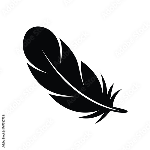 Simple black silhouette of a feather on white background