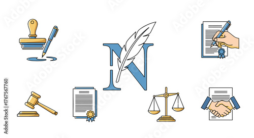 Collection of legal and business icons on a black background, including a gavel, scales of justice, handshake, stamp, pen, and documents, symbolizing law, justice, agreement, and official