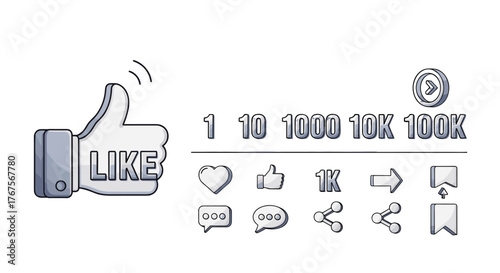 Social media engagement icons and metrics, including a prominent "LIKE" thumb-up symbol, heart, speech bubbles, share icon, bookmark, and numerical counters for views and likes (1, 10, 1000, 10K