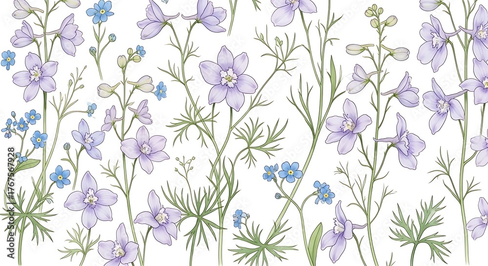 Fototapeta premium Watercolor floral pattern with delicate larkspur and forgetmenot flowers, isolated on white background, perfect for spring and summer designs