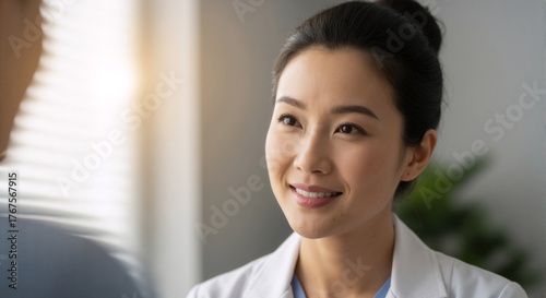 A close-up portrait of a friendly East Asian female doctor listening to a patient. A healthcare professional providing a medical consultation in a clinic. Free Download A close-up portrait of a friendly East Asian female doctor listening to a patient. A healthcare professional providing a medical consultation in a clinic. - GFXLoad