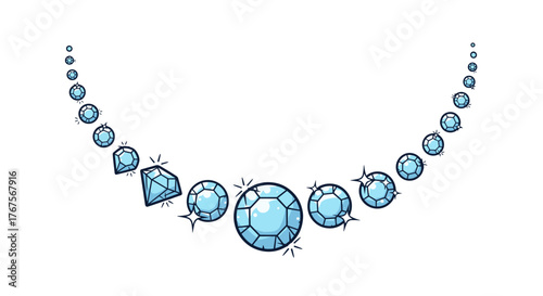 A beautiful and sparkling diamond necklace, featuring a gradient of light blue gemstones in various cuts and sizes, arranged in a graceful curve against a stark black background, symbolizing luxury