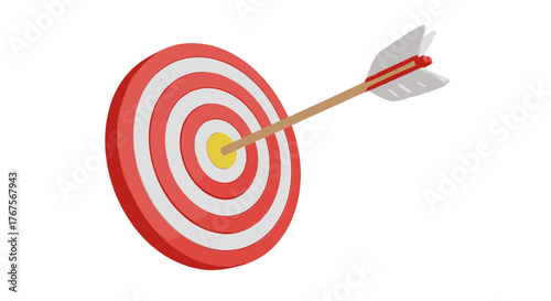 A perfectly aimed arrow strikes the bullseye of a red and white target, symbolizing success, precision, and achieving goals. This 3D render captures the essence of focus and accomplishment in a
