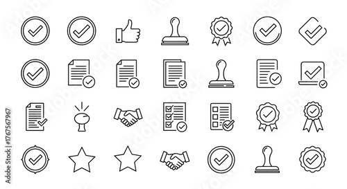 Set of 24 approved icons, checkmarks, stamps, and badges in a sketchy white outline style on a black background, representing confirmation, agreement, and quality assurance for business and graphic