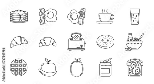 A collection of delicious breakfast icons in a clean, white outline style on a black background, featuring pancakes, bacon, eggs, coffee, juice, croissants, toast, donuts, cereal, waffles, fruit, and