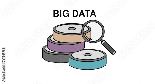 Conceptual illustration of Big Data analysis using a magnifying glass examining stacked data storage discs, symbolizing information retrieval, digital archives, and the vastness of information