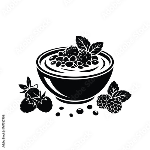 Black and white illustration of a bowl of berries and mint leaves