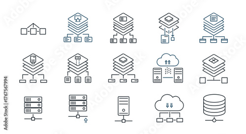 Set of 15 outline icons representing data storage, cloud computing, servers, and network architecture, presented on a black background with a vibrant blue-white glow effect, ideal for technology and