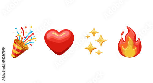 A vibrant collection of popular emojis, including a bursting party popper with colorful confetti, a bold red heart symbolizing love, sparkling golden stars representing excellence, and a fiery flame