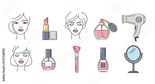 Collection of flat design icons representing beauty and cosmetic products, including lipstick, perfume bottles, makeup brushes, hairdryers, mirrors, and stylized female faces, perfect for beauty