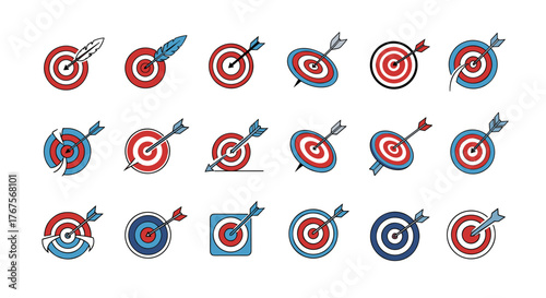 Collection of stylized target and arrow icons, featuring various designs and color schemes including red, blue, and black, with some targets showing arrows hitting the bullseye or missing, and some
