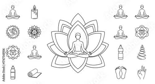 Collection of yoga and meditation icons and symbols, including a meditating person in a lotus flower, Om symbol, chakras, candle, yoga mat, water bottle, stacked stones, footprints, and hand